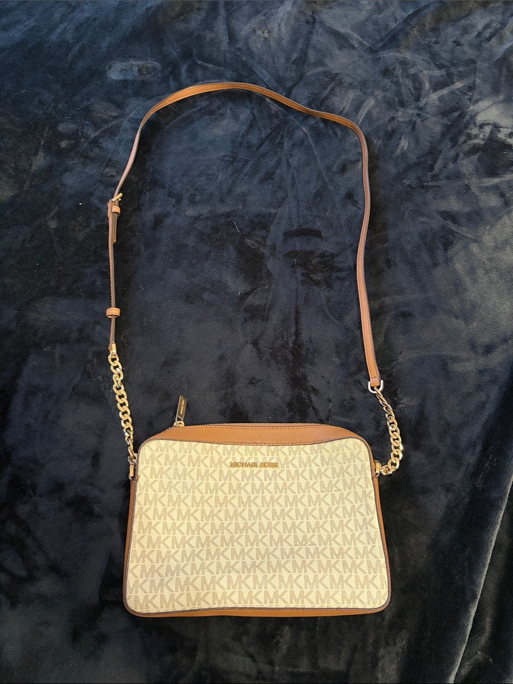 Michael Kors Cream/Tan MK Logo Crossbody with Gold Chain
